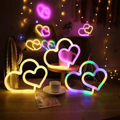 Double Heart Neon Wall Decor, USB/2A Battery Powered, Perfect for Bedroom, Kids' Room & Game Room Decoration, Unique Festival Gi