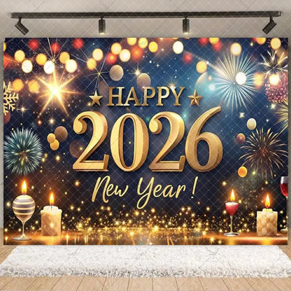 2026  Happy New Year Eve Party Decorations Black And Gold Disposable Tableware 2026 Number Balloons Family Gathering Backdrop