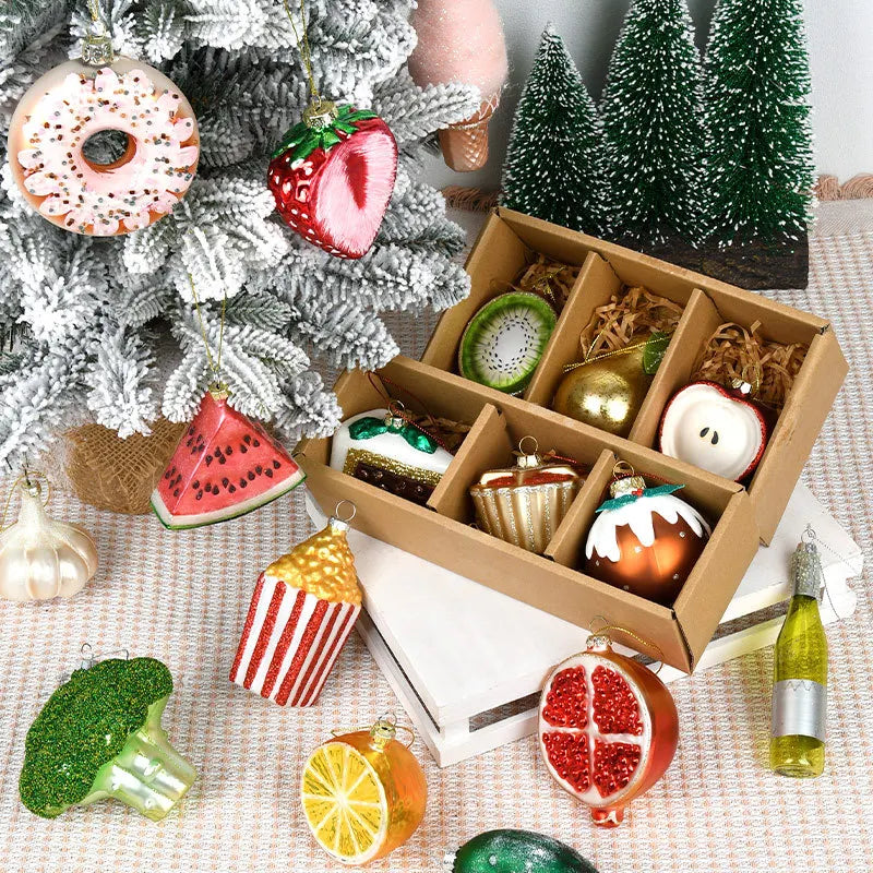 Christmas Decorations Accessories Glass Painted Fruits Vegetables Bottles Cake Christmas Tree Ornaments Hanging Pendant Gifts