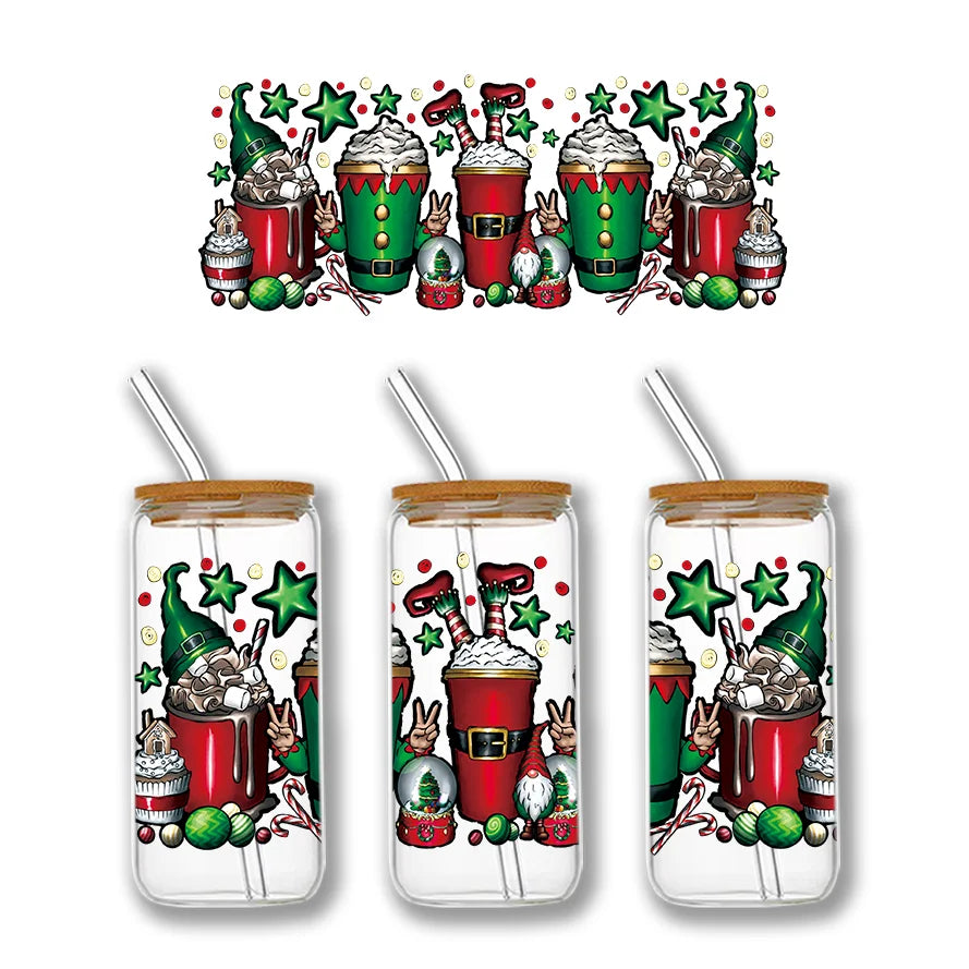 Christmas Design 3D UV DTF Wraps Stickers Cute Wraps .For 16 OZ Glass Libbey Selfadhesive Washable DIY Custom Cups Wrap Stickers