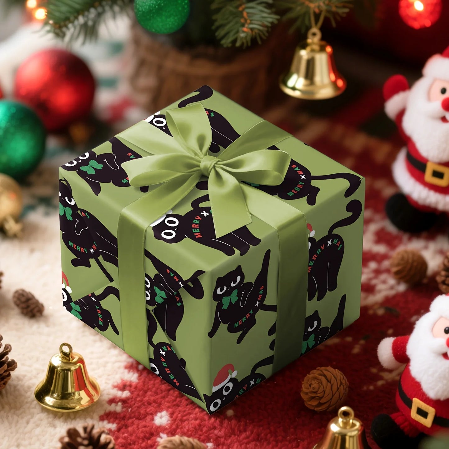 1 Roll Christmas Wrapping Paper Green Background Black Cat Santa Hat 43cm x 500cm for Gift Wrapping Holiday Decor FestiveJoy Use