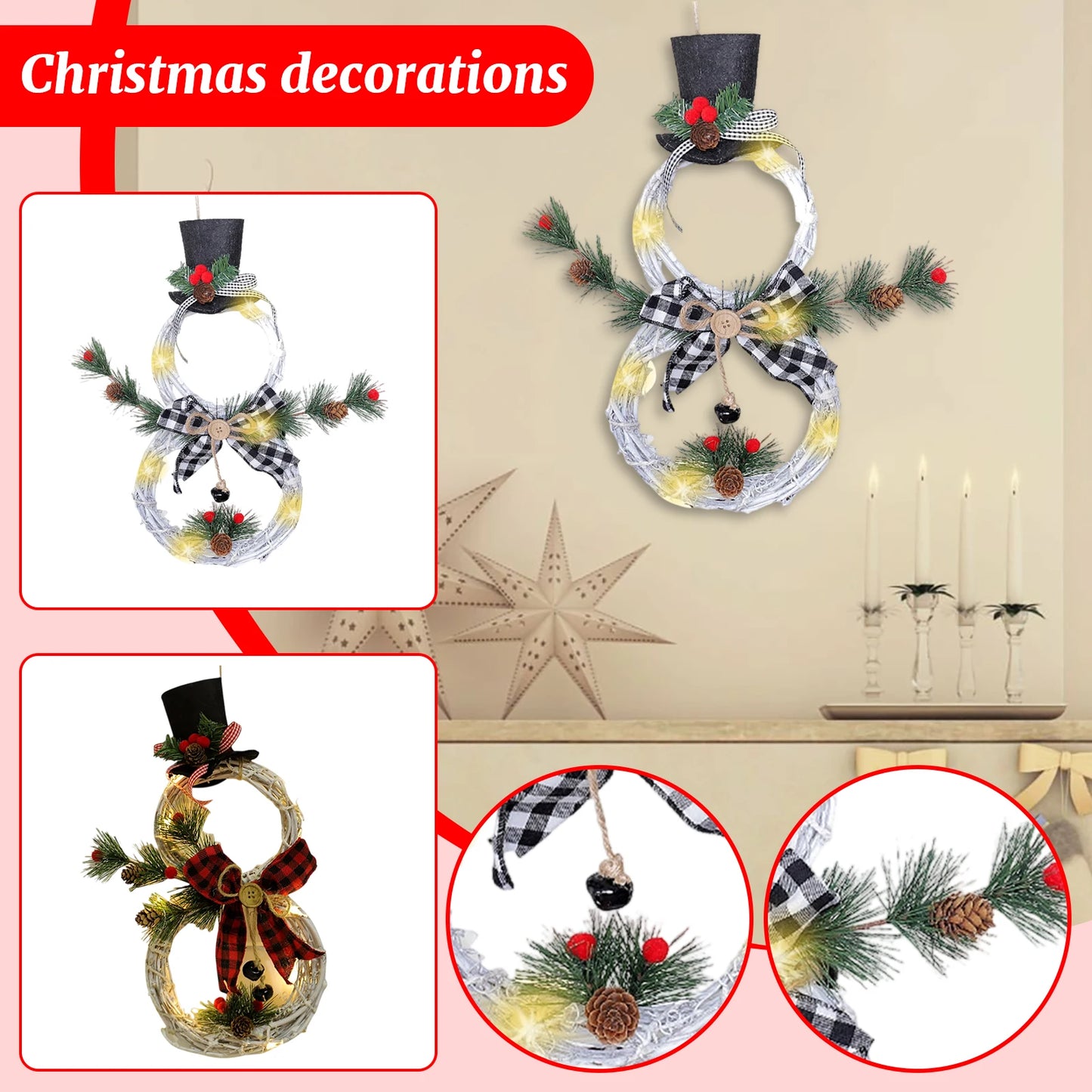 Christmas Snowman Wreath Garland Led Light Door Decoration Artificial Home Window Wall Background Door Hanging Luminous Ornament