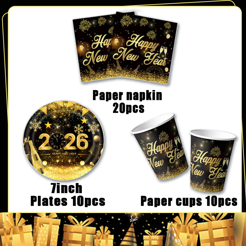2026  Happy New Year Eve Party Decorations Black And Gold Disposable Tableware 2026 Number Balloons Family Gathering Backdrop