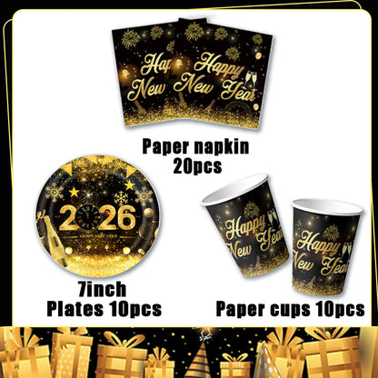 2026  Happy New Year Eve Party Decorations Black And Gold Disposable Tableware 2026 Number Balloons Family Gathering Backdrop