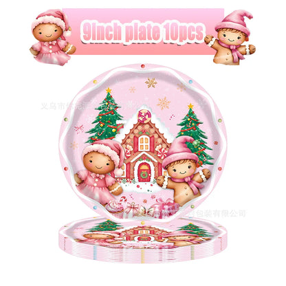 Merry Christmas Party Supplies Disposable Tableware Set Pink Gingerbread Plates Cups Banner Napkin New Year Backdrop Room Decor