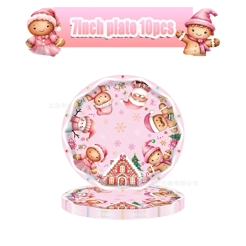 Merry Christmas Party Supplies Disposable Tableware Set Pink Gingerbread Plates Cups Banner Napkin New Year Backdrop Room Decor
