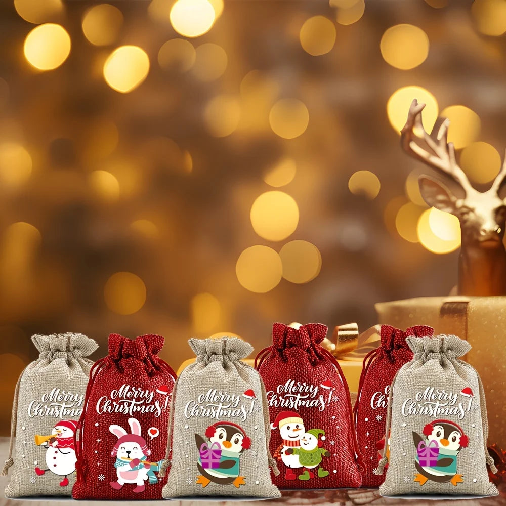 12 Christmas Burlap Cloth Bags Fabric Bags Biscuit Candy Bags Party Packaging Storage Bags Suitable For Gift Festivals 2025 New