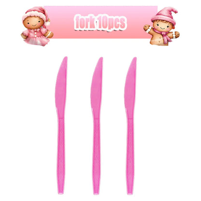 Merry Christmas Party Supplies Disposable Tableware Set Pink Gingerbread Plates Cups Banner Napkin New Year Backdrop Room Decor