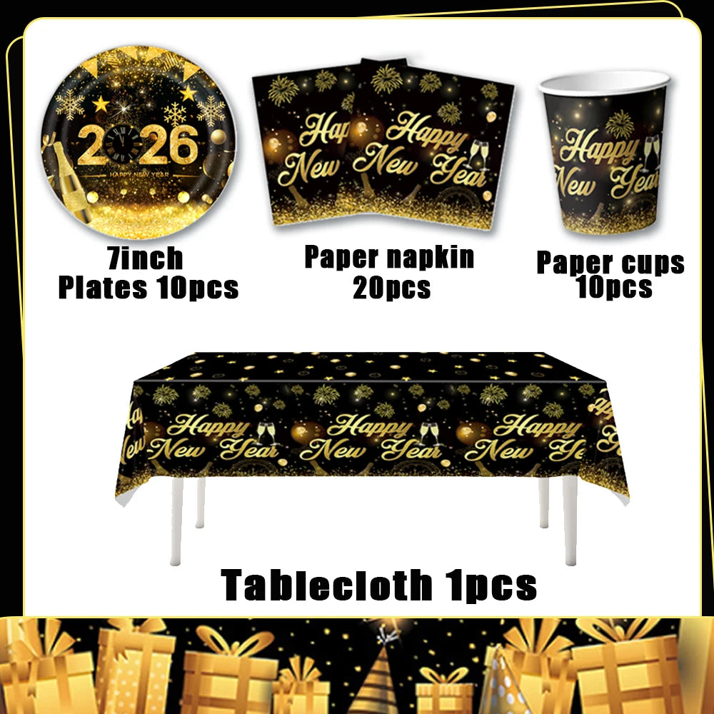2026  Happy New Year Eve Party Decorations Black And Gold Disposable Tableware 2026 Number Balloons Family Gathering Backdrop