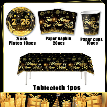 2026  Happy New Year Eve Party Decorations Black And Gold Disposable Tableware 2026 Number Balloons Family Gathering Backdrop