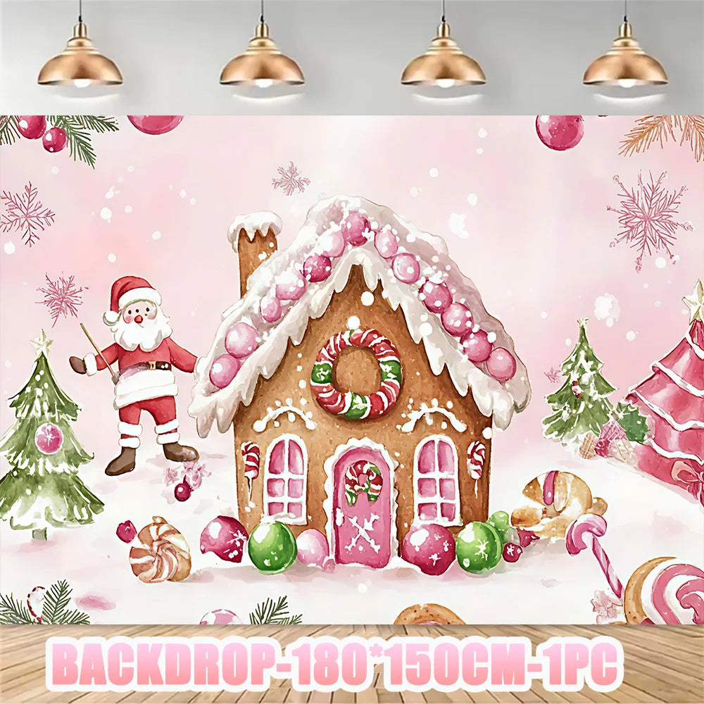 Merry Christmas Party Supplies Disposable Tableware Set Pink Gingerbread Plates Cups Banner Napkin New Year Backdrop Room Decor