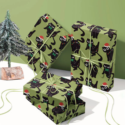 1 Roll Christmas Wrapping Paper Green Background Black Cat Santa Hat 43cm x 500cm for Gift Wrapping Holiday Decor FestiveJoy Use