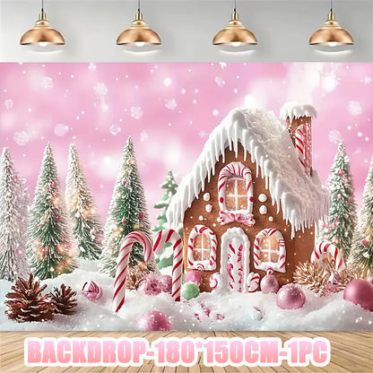 Merry Christmas Party Supplies Disposable Tableware Set Pink Gingerbread Plates Cups Banner Napkin New Year Backdrop Room Decor