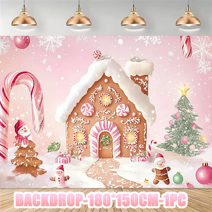 Merry Christmas Party Supplies Disposable Tableware Set Pink Gingerbread Plates Cups Banner Napkin New Year Backdrop Room Decor