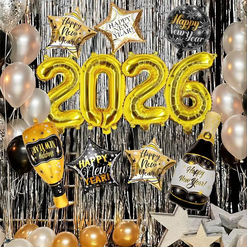 11pcs 2026 New Year Balloon Party Decoration Wine Cup Scene Wine Bottle Aluminum Film Balloon Set Festival Photography Props