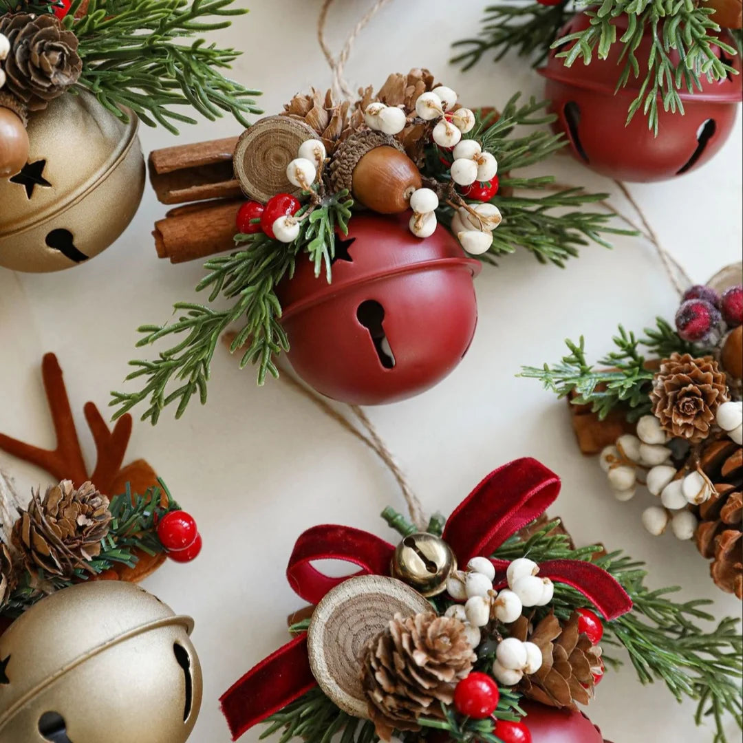 Christmas Bells Bow Antlers Red Fruit Pine Bough Pinecone Pendant Christmas Tree Jingle Bells Hanging Ornament New Year Decor