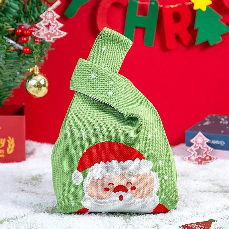Christmas Festival Knitted Gift Bag Handheld Candy Bag Women Mini Knot Wrist Bag Cute Knitted Tote Bag Reusable Shopping Bags
