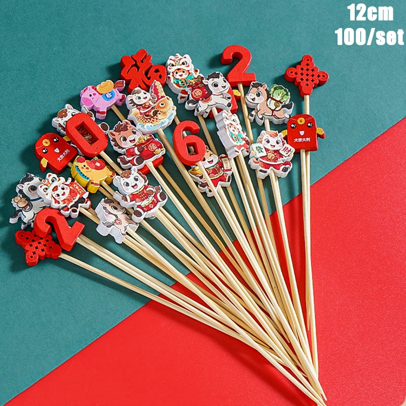 Christmas And New Year Disposable Fruit Sticks Fruit Forks Creative Art Toothpicks (100 Sticks Per Pack)