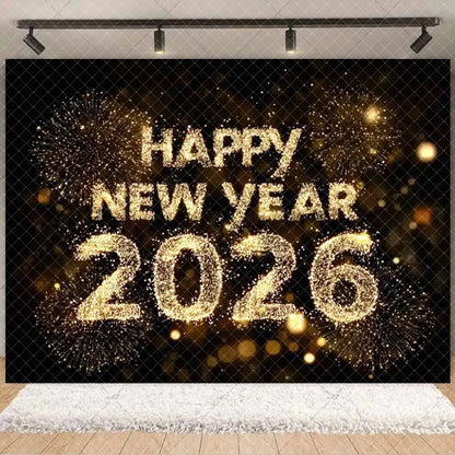 2026  Happy New Year Eve Party Decorations Black And Gold Disposable Tableware 2026 Number Balloons Family Gathering Backdrop