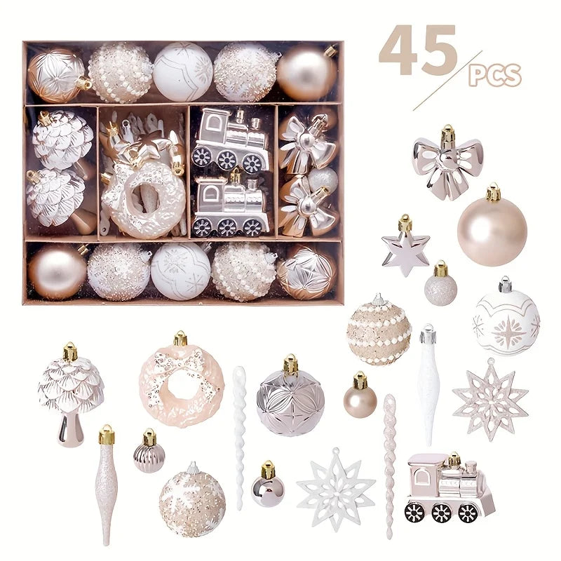 45pcs Christmas Ornaments Set: Red & White Snowman, Santa Hats & Bells.Perfect Plastic Hanging Decor for Holiday Parties & Tree!