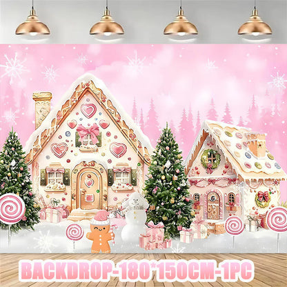 Merry Christmas Party Supplies Disposable Tableware Set Pink Gingerbread Plates Cups Banner Napkin New Year Backdrop Room Decor