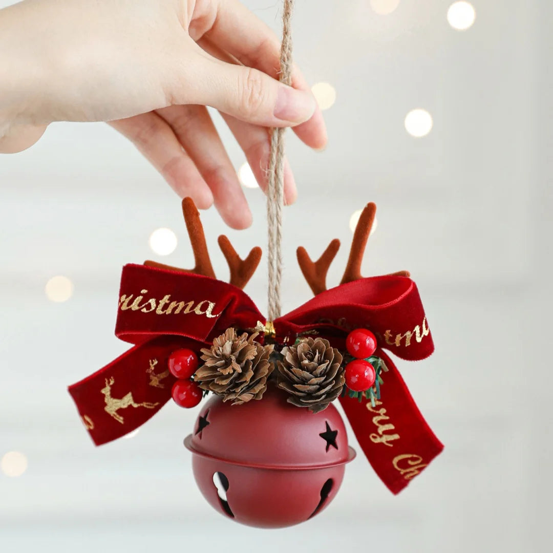 Christmas Bells Bow Antlers Red Fruit Pine Bough Pinecone Pendant Christmas Tree Jingle Bells Hanging Ornament New Year Decor
