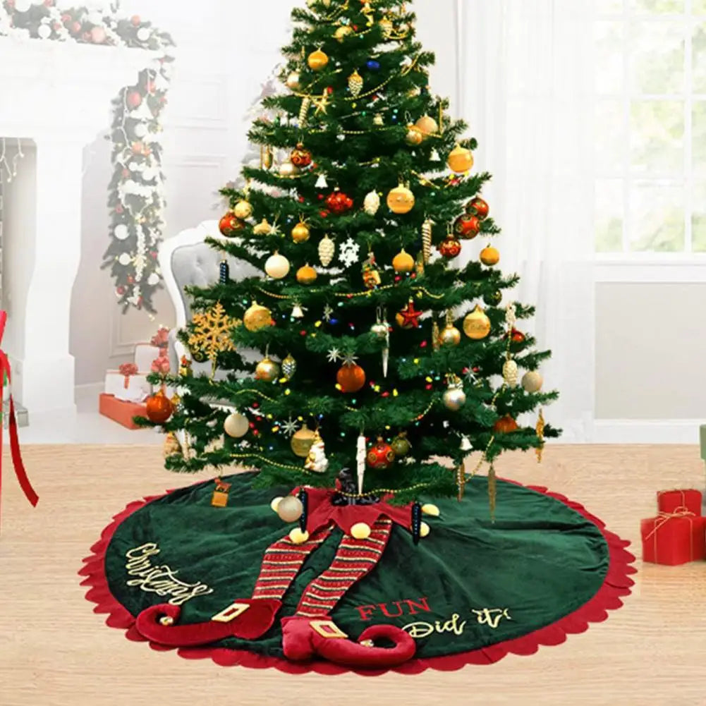 Christmas Tree Skirt with Elf Legs Festive Red Green Decorative Wrap Xmas Tree Skirt Holiday Base Cover Home Decoration