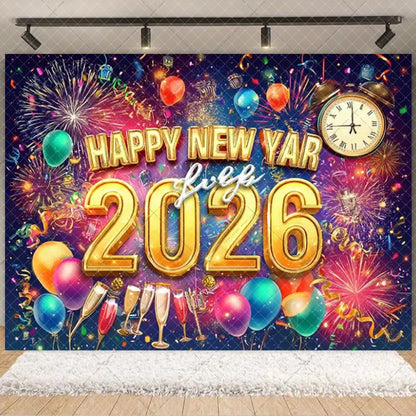 2026  Happy New Year Eve Party Decorations Black And Gold Disposable Tableware 2026 Number Balloons Family Gathering Backdrop