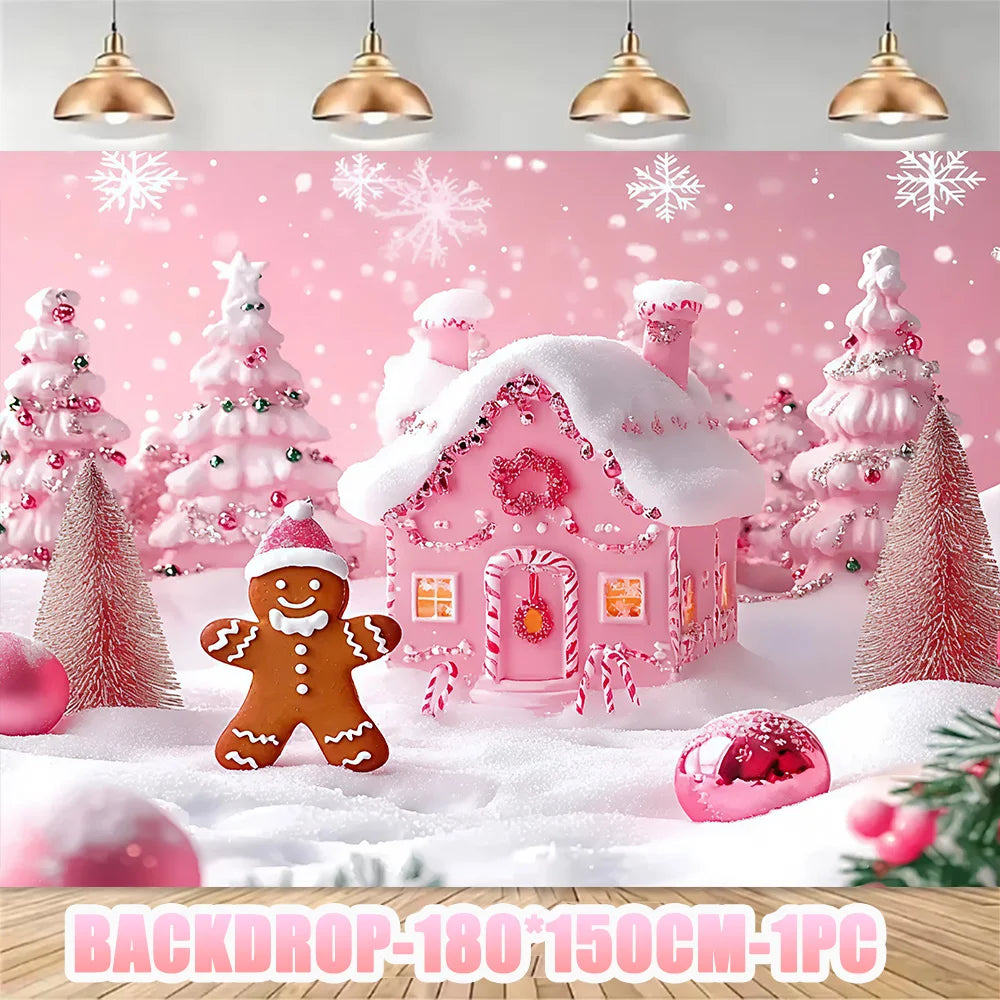 Merry Christmas Party Supplies Disposable Tableware Set Pink Gingerbread Plates Cups Banner Napkin New Year Backdrop Room Decor