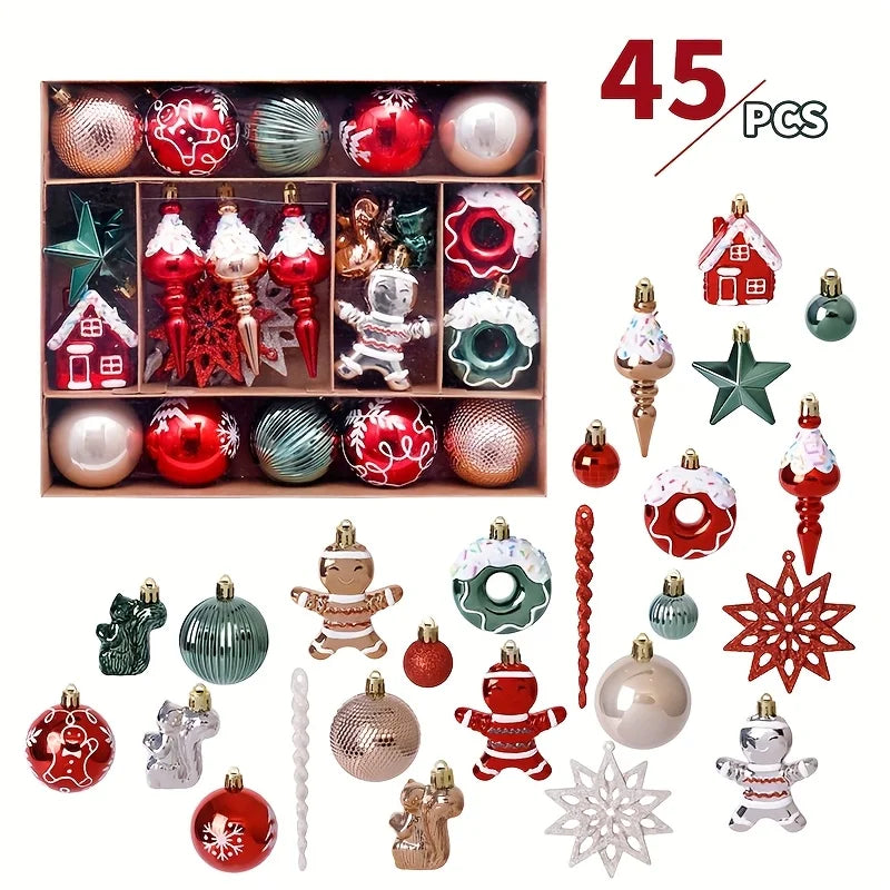 45pcs Christmas Ornaments Set: Red & White Snowman, Santa Hats & Bells.Perfect Plastic Hanging Decor for Holiday Parties & Tree!