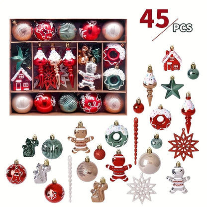 45pcs Christmas Ornaments Set: Red & White Snowman, Santa Hats & Bells.Perfect Plastic Hanging Decor for Holiday Parties & Tree!