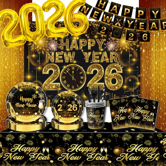 2026  Happy New Year Eve Party Decorations Black And Gold Disposable Tableware 2026 Number Balloons Family Gathering Backdrop