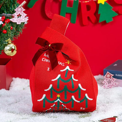 Christmas Festival Knitted Gift Bag Handheld Candy Bag Women Mini Knot Wrist Bag Cute Knitted Tote Bag Reusable Shopping Bags