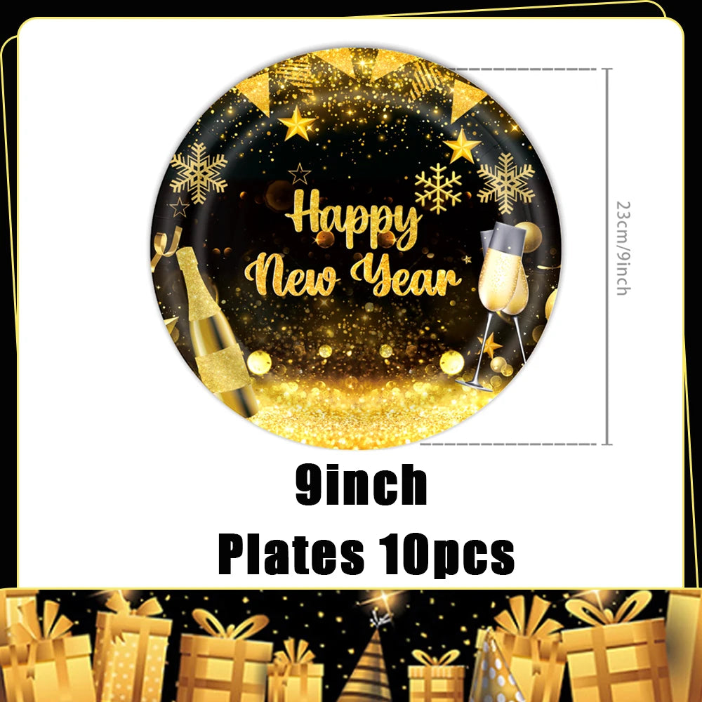 2026  Happy New Year Eve Party Decorations Black And Gold Disposable Tableware 2026 Number Balloons Family Gathering Backdrop