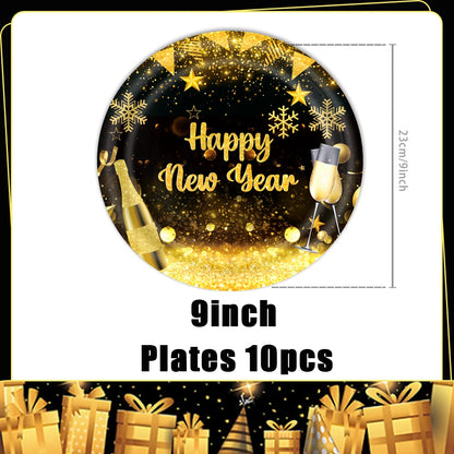 2026  Happy New Year Eve Party Decorations Black And Gold Disposable Tableware 2026 Number Balloons Family Gathering Backdrop