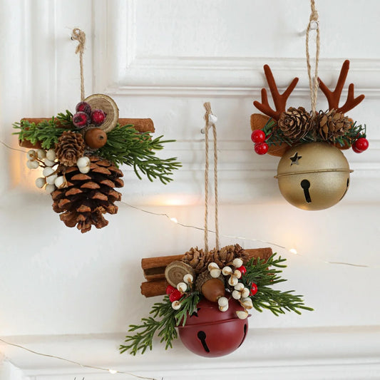 Christmas Bells Bow Antlers Red Fruit Pine Bough Pinecone Pendant Christmas Tree Jingle Bells Hanging Ornament New Year Decor
