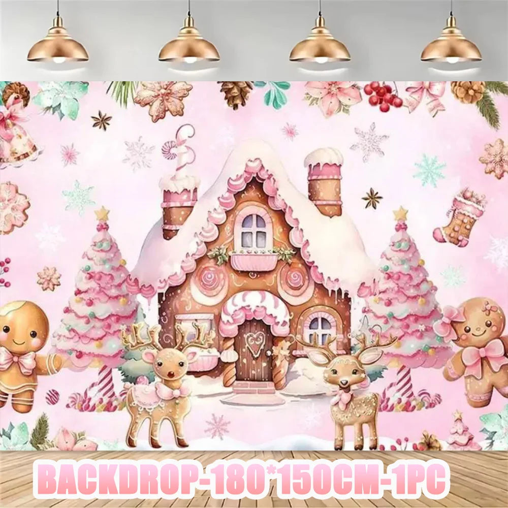 Merry Christmas Party Supplies Disposable Tableware Set Pink Gingerbread Plates Cups Banner Napkin New Year Backdrop Room Decor