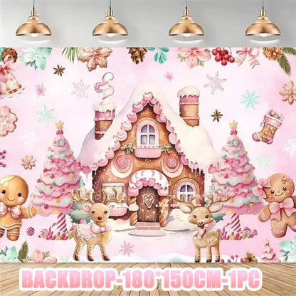 Merry Christmas Party Supplies Disposable Tableware Set Pink Gingerbread Plates Cups Banner Napkin New Year Backdrop Room Decor