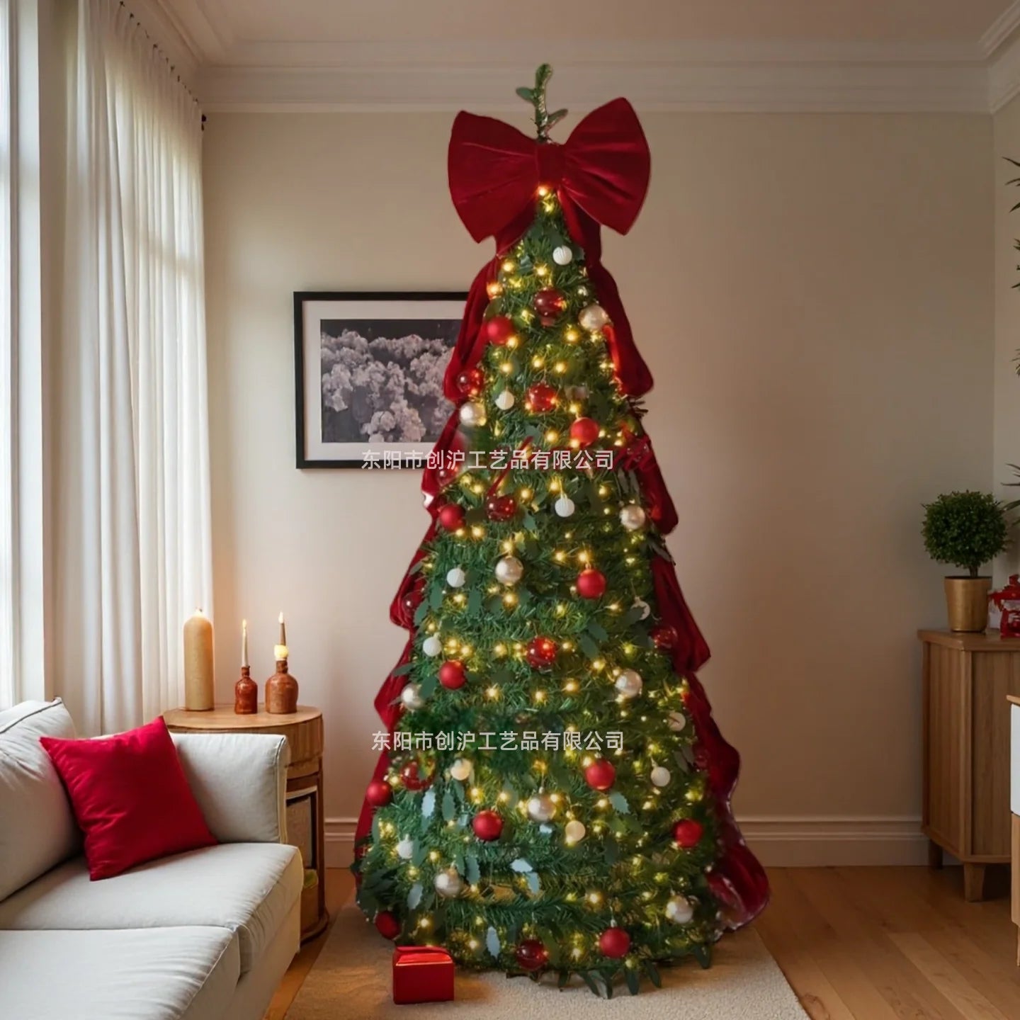 Foldable Christmas Tree 1.2-2.1m with Lights And Large Bows Portable Home Decorative Mini Christmas Tree
