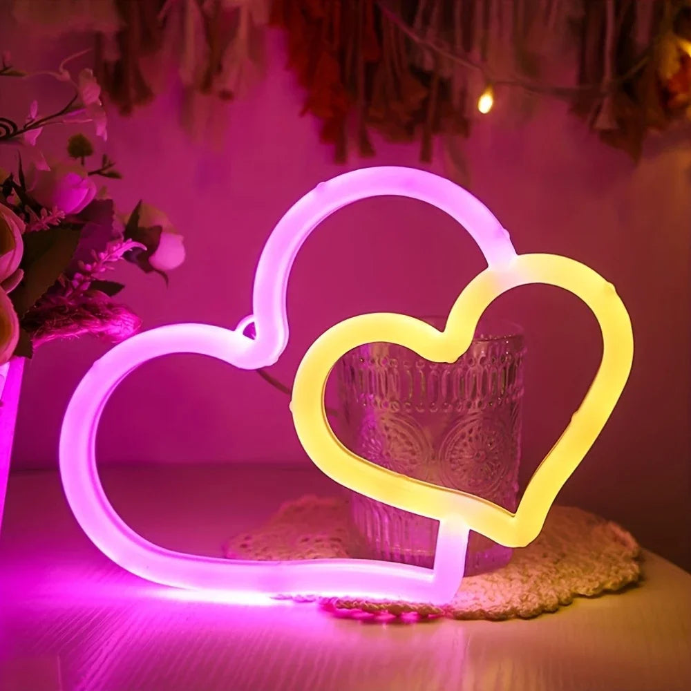 Double Heart Neon Wall Decor, USB/2A Battery Powered, Perfect for Bedroom, Kids' Room & Game Room Decoration, Unique Festival Gi