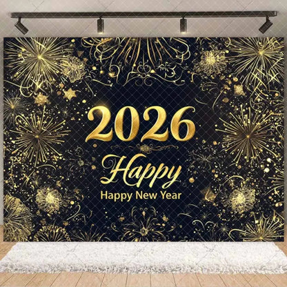 2026  Happy New Year Eve Party Decorations Black And Gold Disposable Tableware 2026 Number Balloons Family Gathering Backdrop
