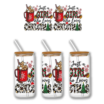Christmas Design 3D UV DTF Wraps Stickers Cute Wraps .For 16 OZ Glass Libbey Selfadhesive Washable DIY Custom Cups Wrap Stickers