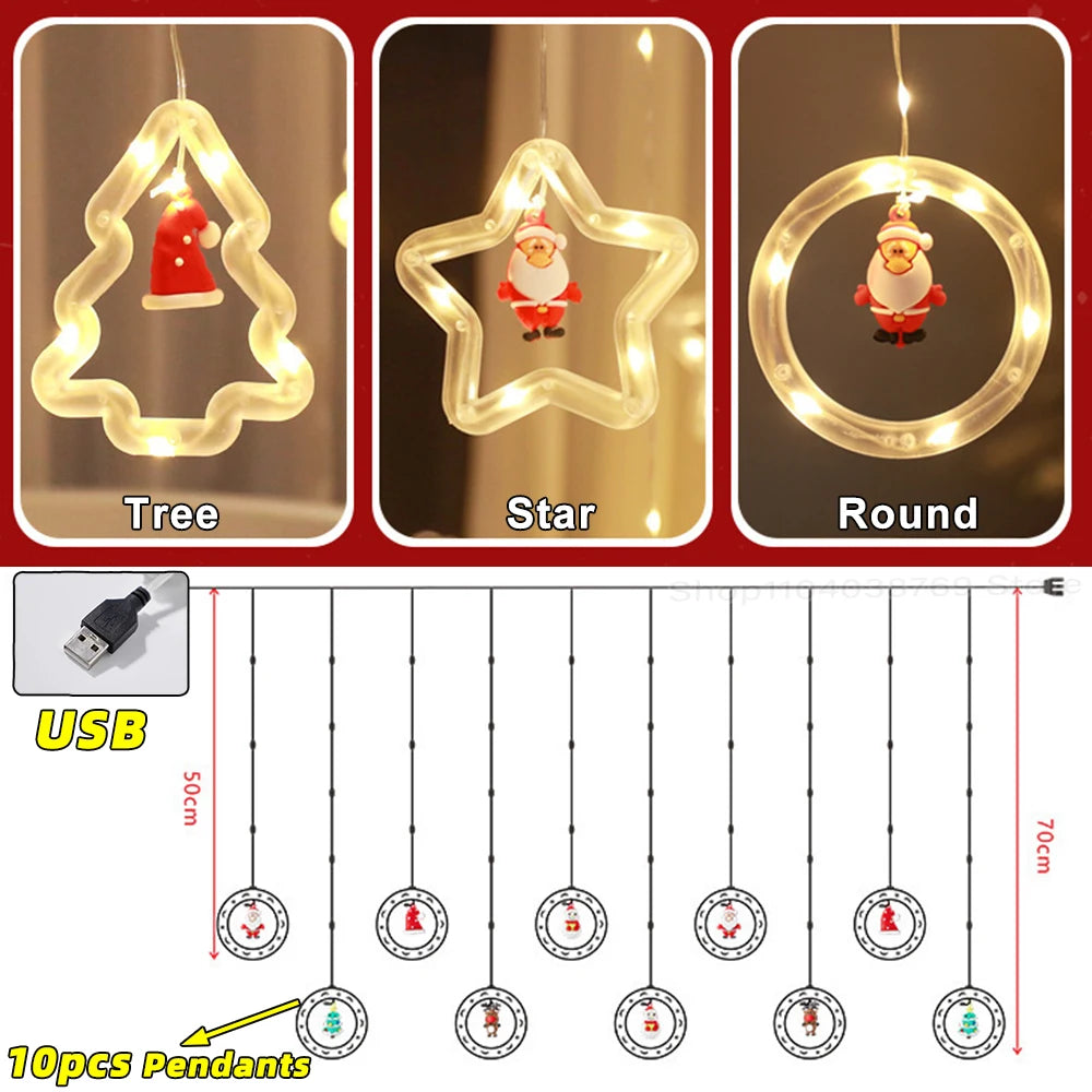 Christmas Decorations LED Curtain String Lights Cute Xmas Tree Santa Claus Pendants Lamp for Home Garden Party New Year Decor