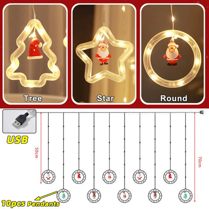 Christmas Decorations LED Curtain String Lights Cute Xmas Tree Santa Claus Pendants Lamp for Home Garden Party New Year Decor