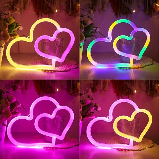 Double Heart Neon Wall Decor, USB/2A Battery Powered, Perfect for Bedroom, Kids' Room & Game Room Decoration, Unique Festival Gi