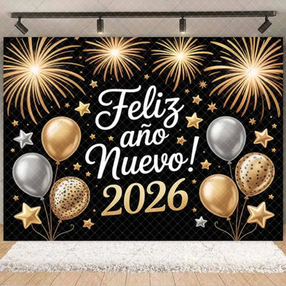 2026  Happy New Year Eve Party Decorations Black And Gold Disposable Tableware 2026 Number Balloons Family Gathering Backdrop