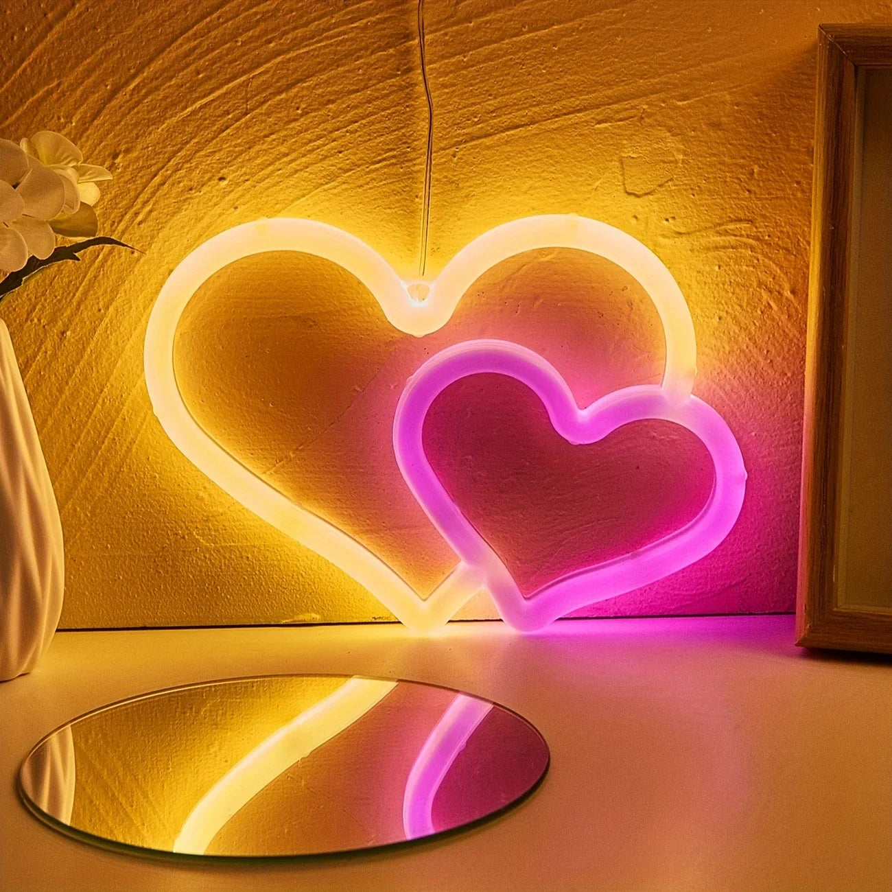 Double Heart Neon Wall Decor, USB/2A Battery Powered, Perfect for Bedroom, Kids' Room & Game Room Decoration, Unique Festival Gi