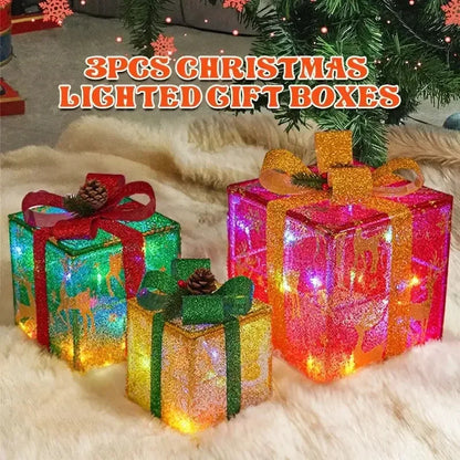 3PCS Set Christmas Gift Box Christmas Decor Luminous Bow Holiday Lighted Up Christmas Tree Holiday Party Indoor Outdoor Decor