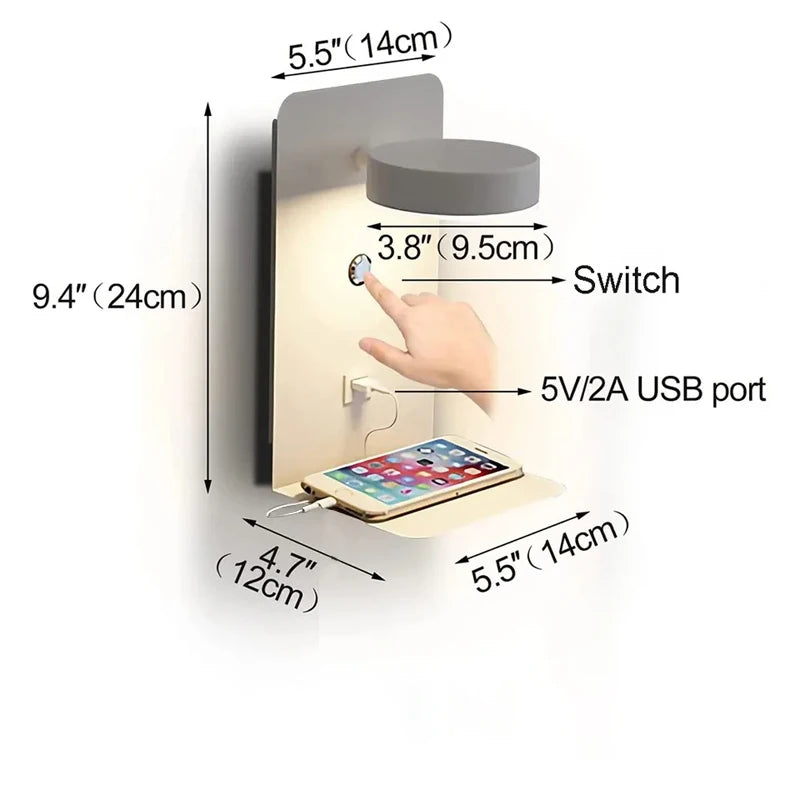 LED Wall Light Interior  Mobile Phone Charging USB Wall Lamps With Switch Bedroom Bedside Reading Lights Decoration Living Room