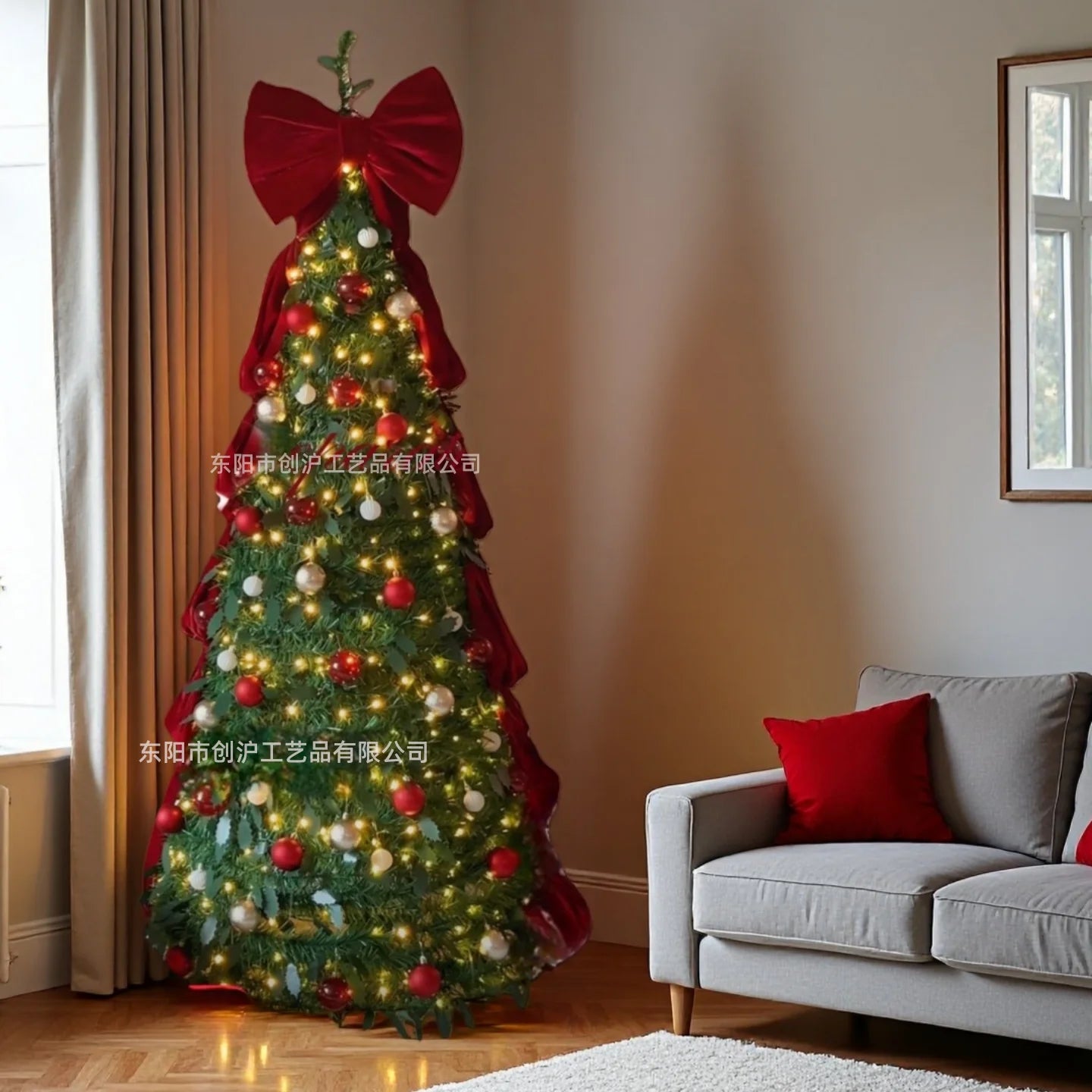 Foldable Christmas Tree 1.2-2.1m with Lights And Large Bows Portable Home Decorative Mini Christmas Tree